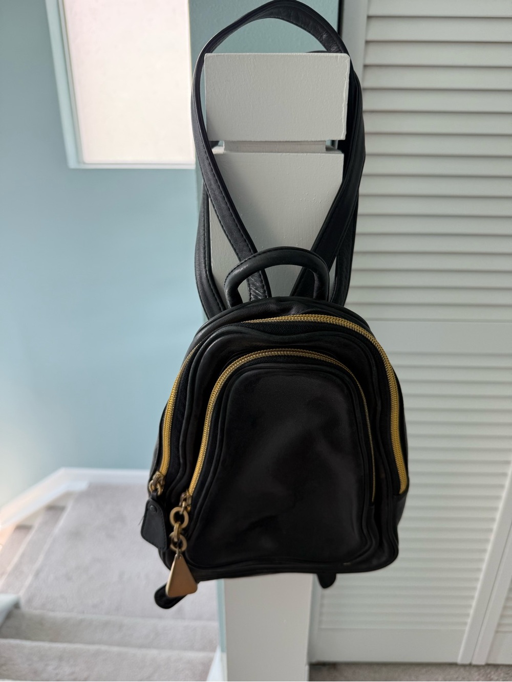 Sharif Black Leather Mini Backpack with Gold Zippers